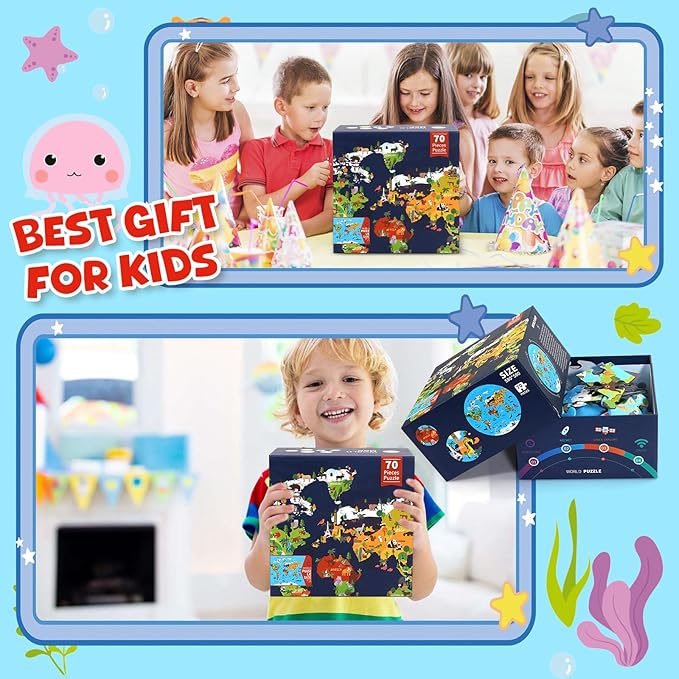 70 Piece World Map Jigsaw Puzzle for Kids 4-8, Large Round Floor Puzzles for Kids Ages Toddler Puzzle Globe Geography Games Educational Toys Birthday for Children (World Map)