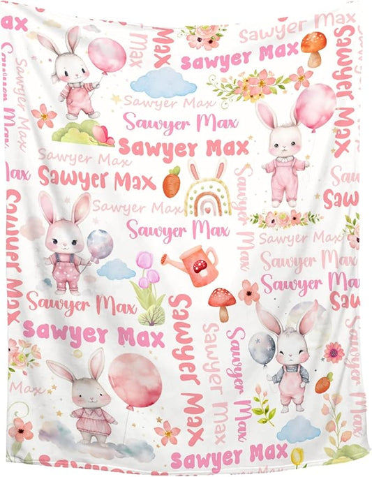 Personalized Baby Blanket for Girls Boys Bunny Custom Baby Blanket with Name Swaddle Blanket for Toddlers Infants Kids Shower Newborns Nursery Stroller Crib Decor Throw Birthday Gift