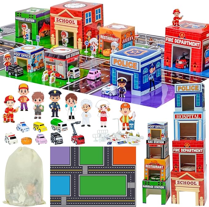 Cinrobiye Community Helpers Sorting and Stacking Set with Wooden Figures Traffic Signs Vehicles Modern City Mat Vehicle Preschool Learning Montessori Game Nesting Boxes for Boys Girls Birthday Gift