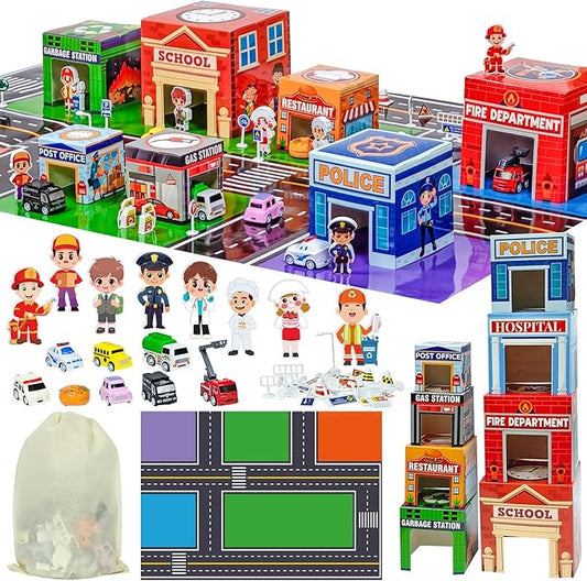 Cinrobiye Community Helpers Sorting and Stacking Set with Wooden Figures Traffic Signs Vehicles Modern City Mat Vehicle Preschool Learning Montessori Game Nesting Boxes for Boys Girls Birthday Gift