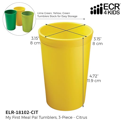 ECR4Kids My First Meal Pal Drinking Cups, Kids Plastic Tableware, Stackable and Dishwasher Safe, Stackable Tumblers for Baby, Toddler and Child Feeding, 3-Pack - Citrus