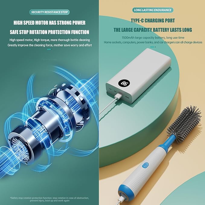 Electric Bottle Brush Set with Baby Bottle Brush 4-Piece,Bottle Brush,Nipple Brush,Straw Brush and Extension Handle,USB Rechargeable,Gift for Pregnant Women and New Moms (Grey)