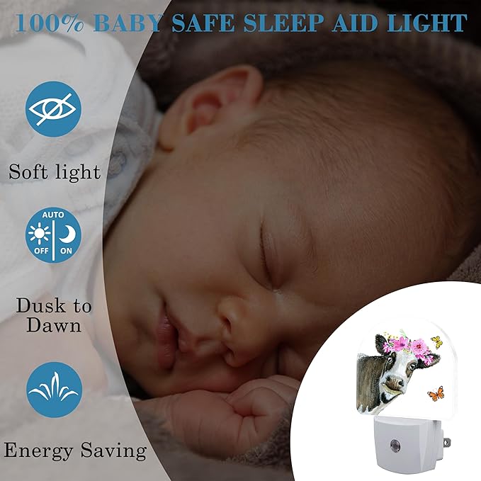 Night Light Plug into Wall Watercolor Cow with Wreath Dusk to Dawn Sensor for Kid Girls Boys Women Men Room Decor, Hallway, Kitchen, Bathroom, Nursery, Stairs