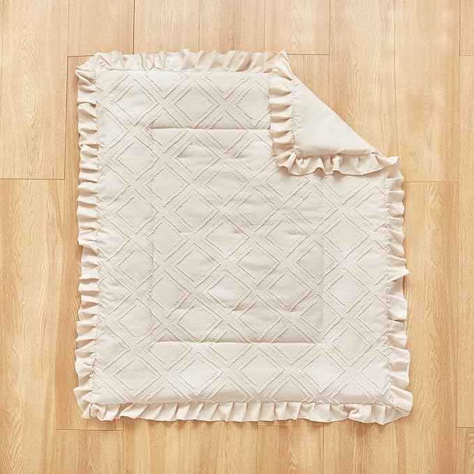 Tufted Ruffle Crib Bedding Set 3 Pieces Baby Boho Quilted Comforter with Fitted Sheet and Bed Skirt - Cute Ruffled Shabby Chic Baby Bedding Soft Blanket Design Cream White