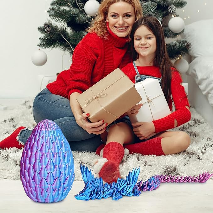 3D Printed Dragon Eggs with Articulated Fly Dragon Inside, Collectible Figurines Fidget Toy for Adults Kids Birthday Easter Christmas White Elephant Gifts for Friends Colleagues(Blue Pink, L Size)