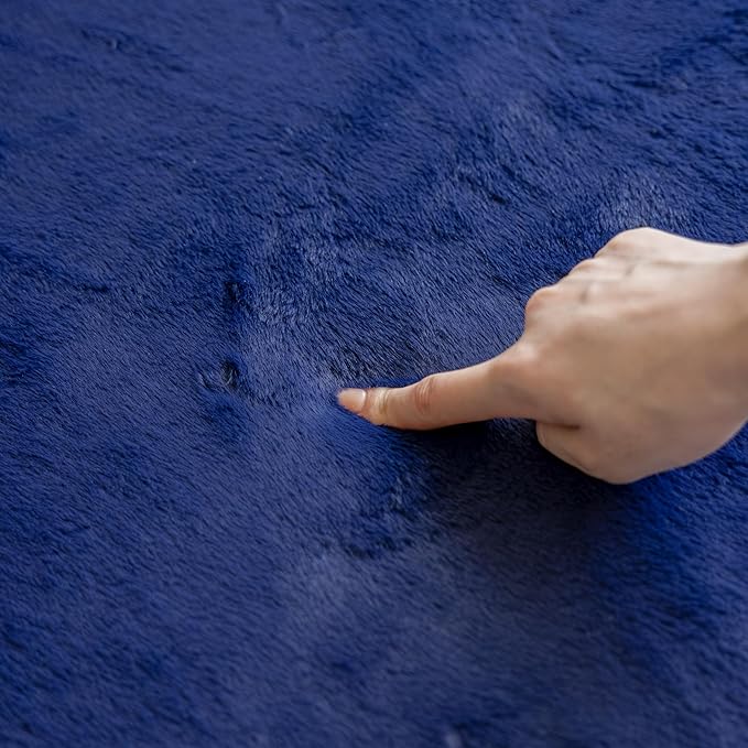 Loartee Faux Rabbit Fur Rug - 1.18" Thick Soft Fluffy Area Rug, Non-Slip Memory Foam Crawling Mat, Dark Blue, 59"x78"