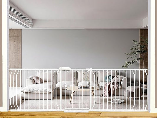 86-105 Inch Extra Wide Baby Gate, Pressure Mounted No Drill, Extra Wide Safety Gate for Large Entries, White Metal with Extension Kit
