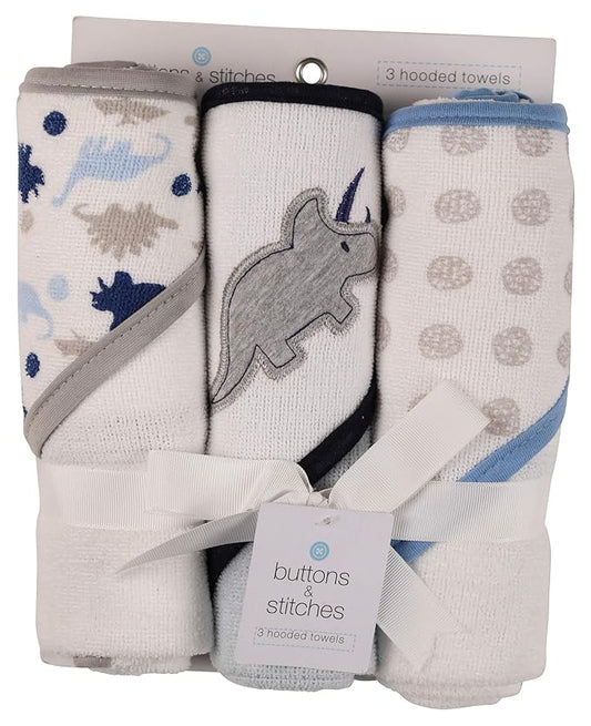 Cudlie Buttons and Stitches Baby Boys 3 Pack Infant Hooded Towel, Triceratops Prints (GS71365)