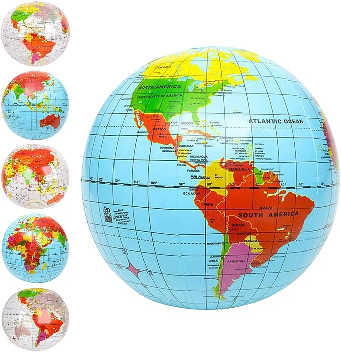 ArtCreativity Inflatable World Globe Ball Set Set of 6 Print Blue and Clear - Colorful Earth Map, 16 Inch Inflatable Beachball for Pool, Summer Fun Toys for Kids, Learning and More