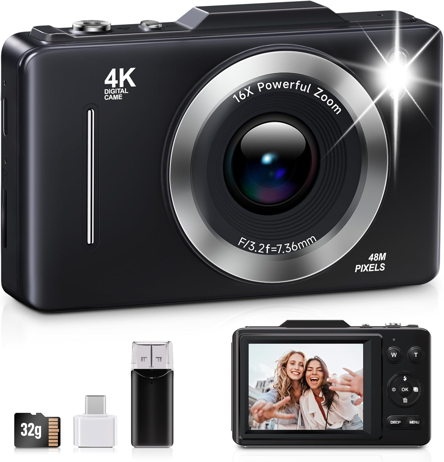 Digital Camera, FHD 1080P Kids Camera Digital with 16x Zoom Anti Shake, 32GB Card, 4K 48MP Portable Compact Point and Shoot Cameras, Vintage Small Camera for Teens Beginner Kids Present