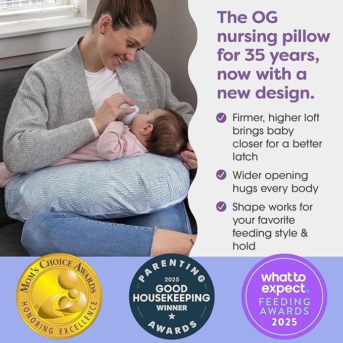 Boppy Nursing Pillow - Ergonomic Bottle & Breastfeeding Pillow with High, Firm, Large Area, Water-Repellent Cushion with Washable Cover; Baby Safety Alliance Verified - Blue Speckled Current