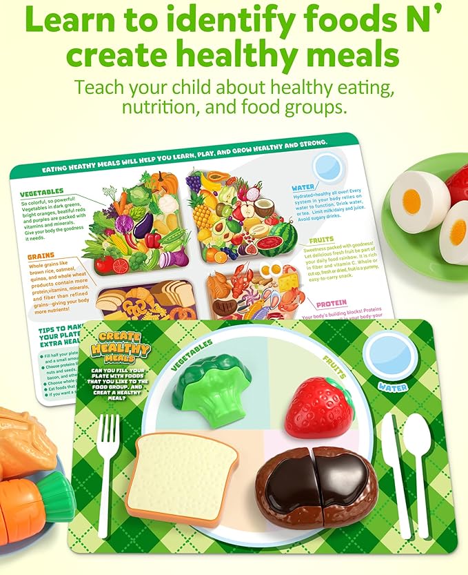 Coogam Pretend Play Food Kitchen Accessories for Kids, Fake Fruits Meats Vegetables Cutting Food with Shopping Storage Basket for Preschool Activities, Daycare Educational Toy for 3 4 5 Years old Kids