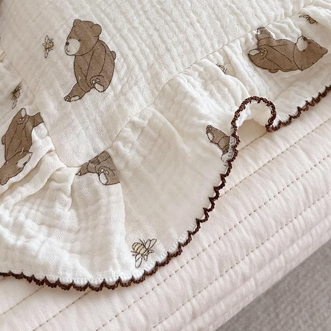 BuLuTu Cartoon Bear Muslin Pillowcase for Boys Girls Cute Animal Print Toddler Pillow Cases Soft Breathable Cotton Crib Cradle Pillow Cover for Kids Nursery Bedding,1 Piece, 14"x20"