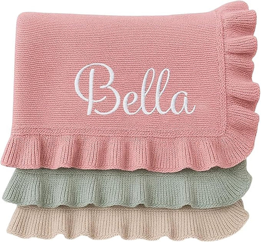 Nonnie Personalized Baby Blanket with Name - Custom Embroidered Knitted Ruffled Blanket for Newborn, 30x40 inch, Customized Gift for Newborn Boys Girls on Birthday, Baby Shower, Christmas