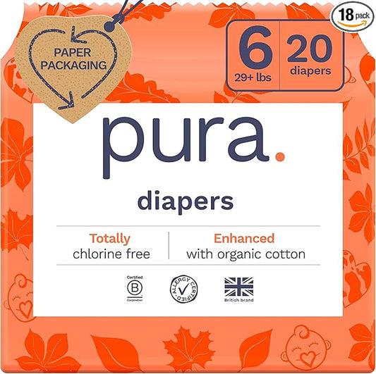 Pura Size 6 Eco-Friendly Diapers (29+ lbs) Totally Chlorine Free (TCF) Hypoallergenic, Soft Organic Cotton, Sustainable, up to 12 Hours Leak Protection, Allergy UK, 1 Packs of 18 Diapers