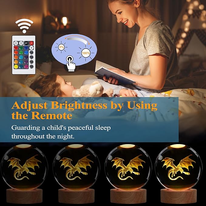 Dragon Night Light, 3.15 Inch (80mm) K9 Crystal 3D Lamp with Remote 16 Color for Birthday Xmas Cool Figurines Dragon Gifts for Room Decor Boys Girls