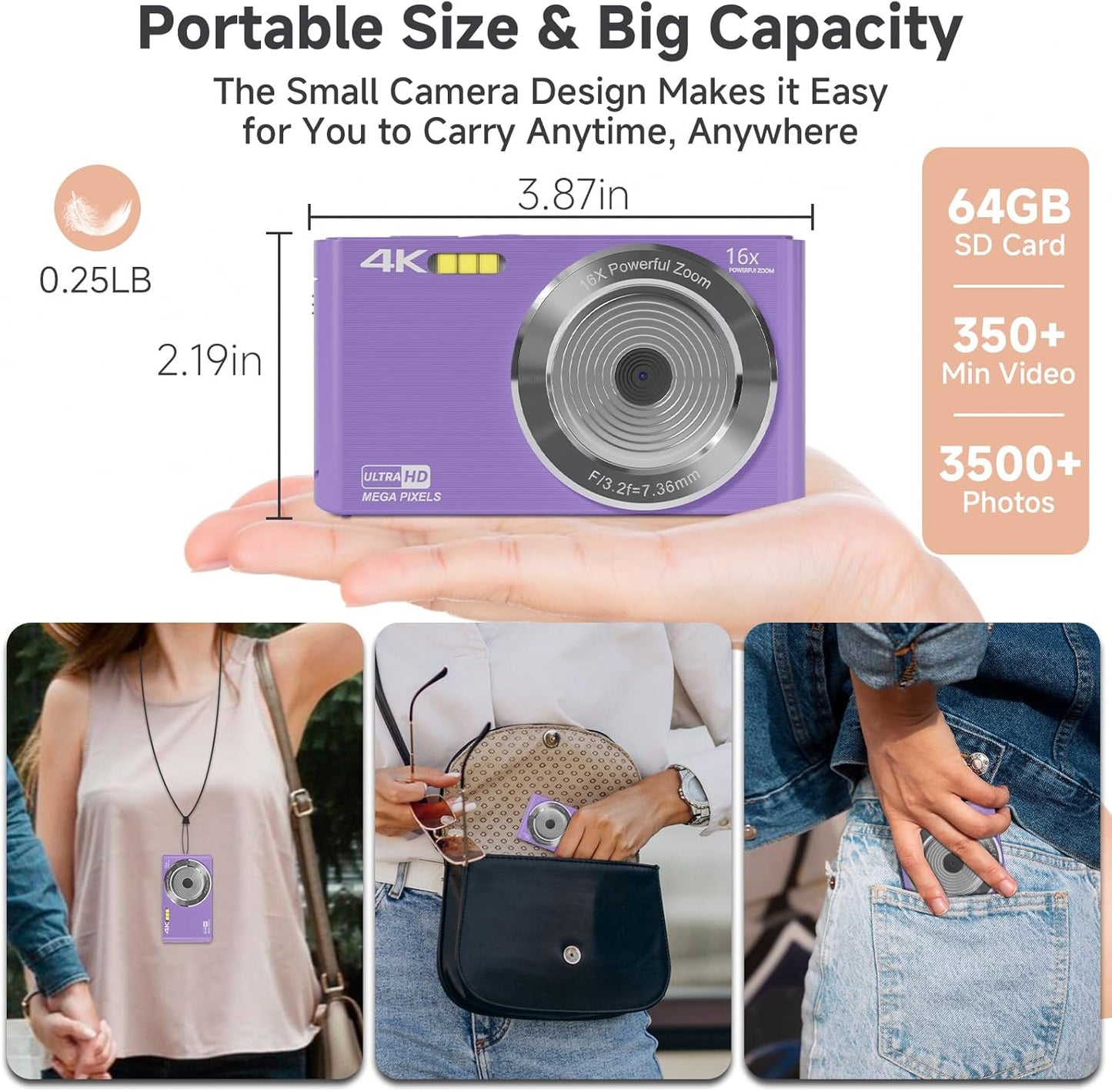 Digital Camera, FHD 4K 44MP Digital Camera, 16X Digital Zoom, Digital Point and Shoot Camera with 3-LED Fill Lights, 64GB SD Card, Compact Camera for Kids Teen Boys Girls, Purple