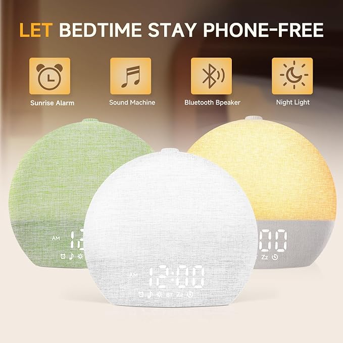 Sunrise Alarm Clock White Noise Sound Machine for Bedroom | Natural Wake-Up Light with 30 Soothing Sleep Aids, Bluetooth Speaker, Dimmable Clock, Screen-Free Design for Baby Adults Kids-White