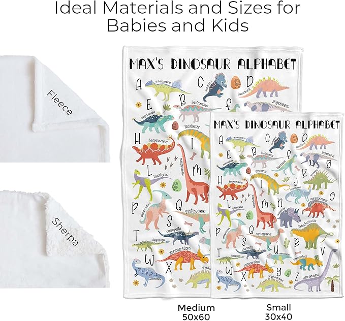 MDPrints Global Dinosaur Alphabet Personalized Baby Blanket, Custom Baby Gifts with Name, Newborn Swaddle Blanket, 30''x40''