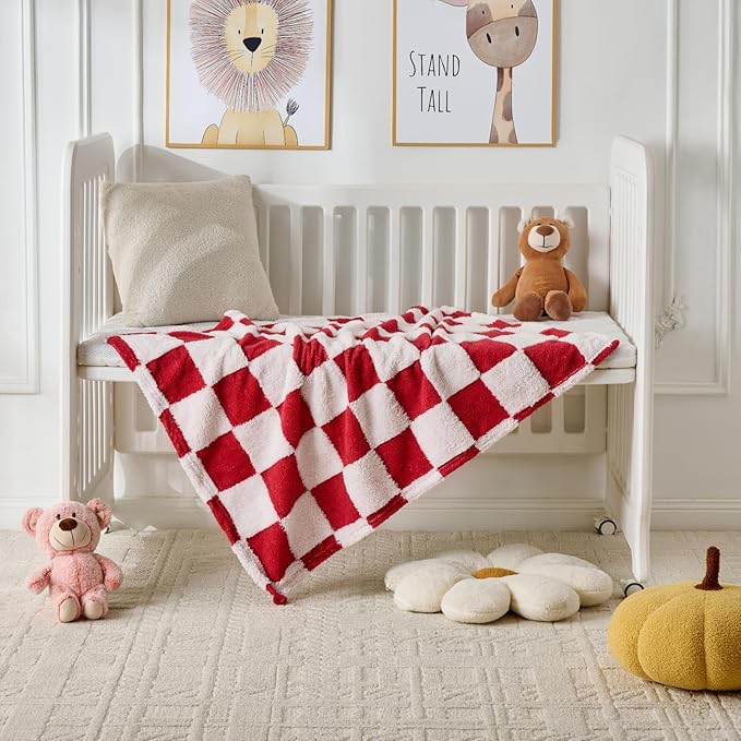 Fleece Baby Blanket for Girls 3D Checkerboard Design,Fluffy and Warm Cozy Infant Newborn Toddler Small Receiving Blankets for Crib Stroller, 30x40 Inches,Christmas Red