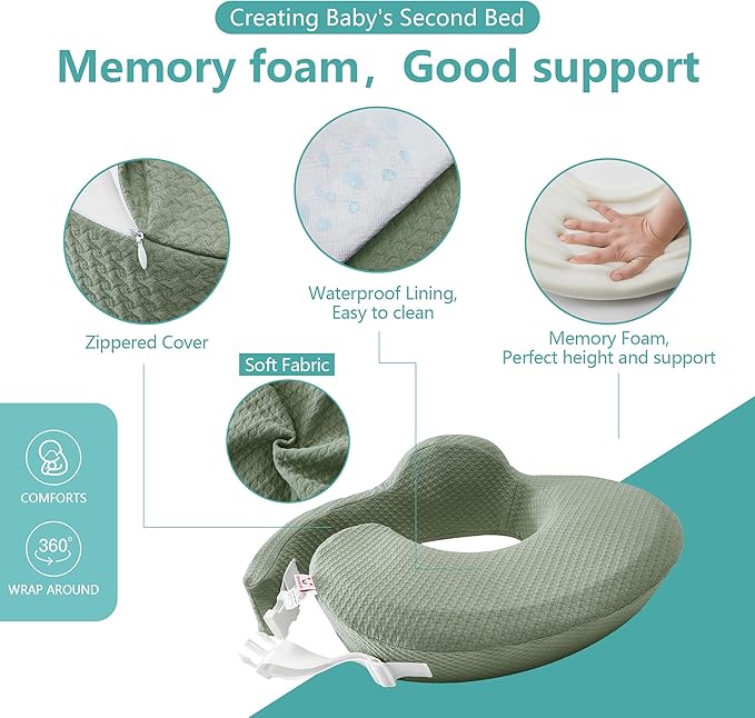 QSTEHEML Nursing Pillow for Breastfeeding - Adjustable Breastfeeding Pillows for Women with More Support & Removable Cover, Baby Feeding Pillow for Newborn Moms and Baby Essentials,Green