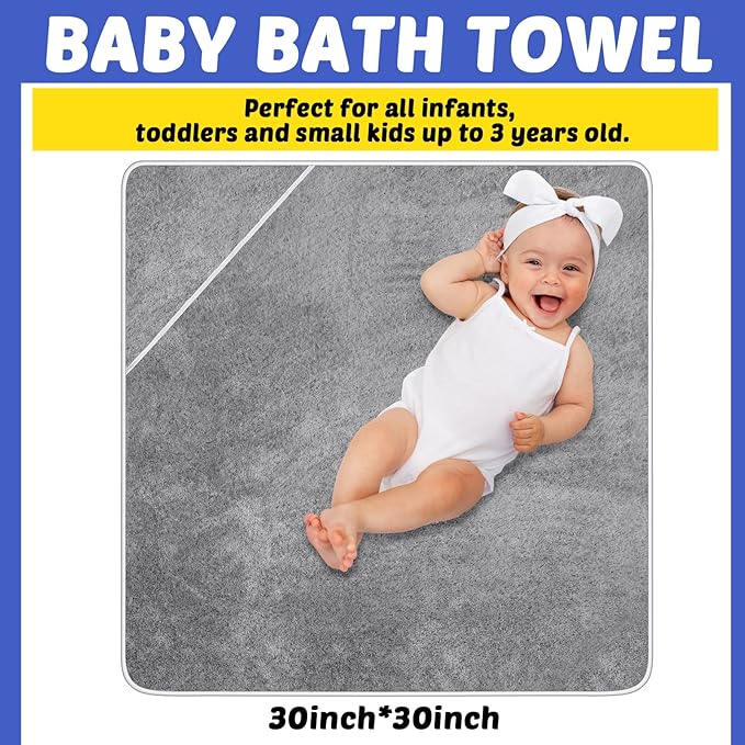 Reginary 4 Pack Baby Hooded Towels Coral Fleece Baby Bath Towels 30 x 30 Inch Soft Absorbent Hooded Bath Blanket for Newborn Toddler Infant Boy Girl Shower Gift Supplies (Gray)