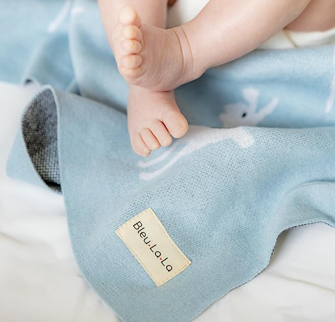 Baby Receiving Swaddle Stroller Blanket - 100% Fine Loomed Cotton Cozy Cuddle Crib Stroller Unisex Quilt Knit Blanket for Newborns Infants Toddler Boys and Girls (Llama - Baby Blue)