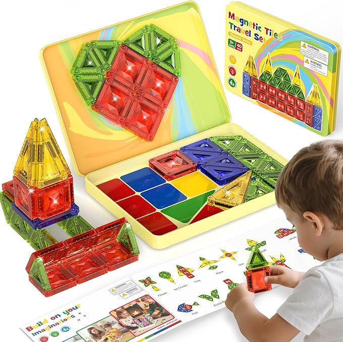 Mini Magnetic Tiles for Kids Ages 4-8, 40PCS Portable Travel Toys with Visual Storage Guide & Metal Storage Box, Compact Magnetic Building Blocks for Toddlers 3-5 Travel Activities