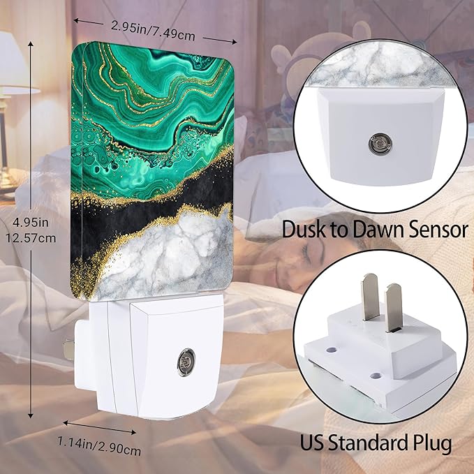 White Marble Night Light, Black Granite Green Agate Night Lights Plug into Wall Decor for Bedroom, Bathroom, Hallway, Kitchen, Dusk to Dawn Sensor Nightlights for Boys Girls Women Men Room Gifts