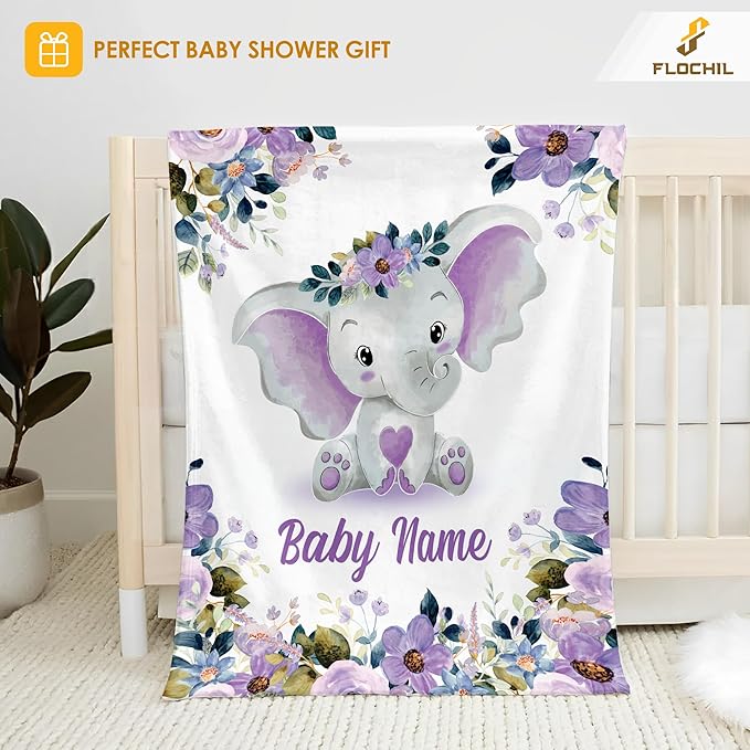 FLOCHIL Personalized Baby Blankets, Custom Baby Blanket - Baby Blanket with Name for Girls, Best Gift for Newborn Elephants Plush Fleece (30x40)