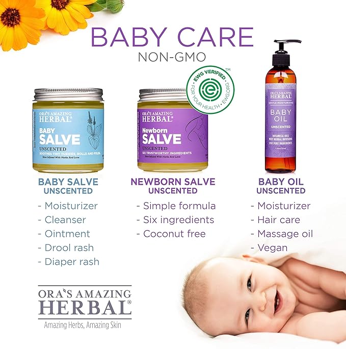 Ora's Amazing Herbal New Mom and Baby Natural Skincare Set, Natural Baby Oil, Newborn Salve, Peppermint Field Ultra Healing Body Butter for Mama's Belly, and Soothing Earl Grey Lip Balm