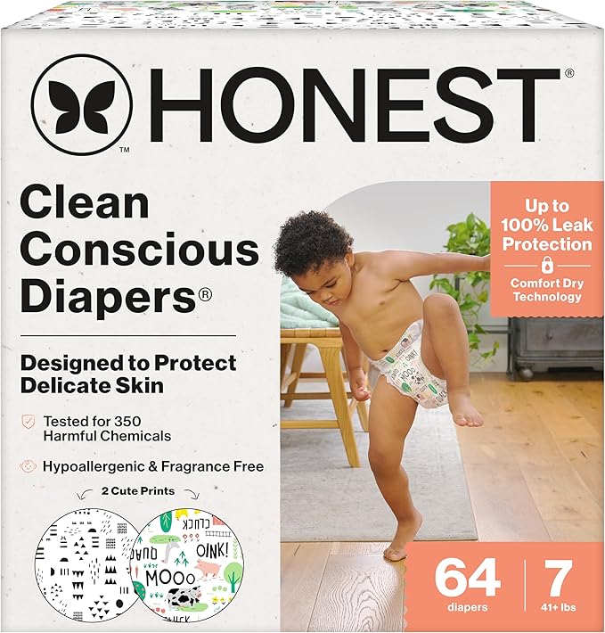 The Honest Company Clean Conscious Diapers for Delicate Skin, Up to 100% Leakproof Hypoallergenic Fragrance-Free Baby Diapers, Gender Neutral Prints, Super Club Box, Size 7 (41+ lbs), 64 Count
