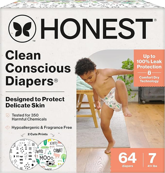The Honest Company Clean Conscious Diapers for Delicate Skin, Up to 100% Leakproof Hypoallergenic Fragrance-Free Baby Diapers, Gender Neutral Prints, Super Club Box, Size 7 (41+ lbs), 64 Count