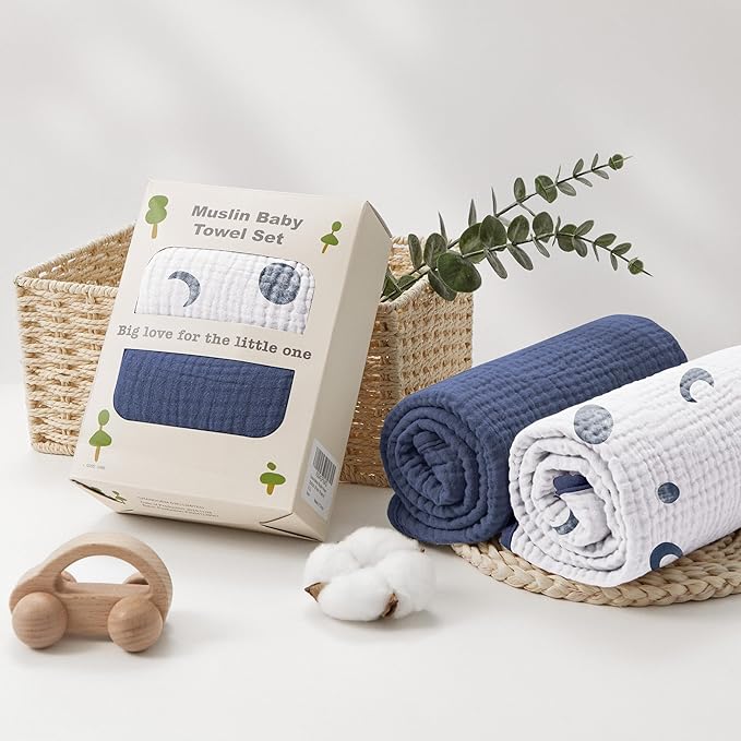 Susurration Hooded Baby Towels for Newborn 2 Pack 100% Muslin Cotton Towel for Babies，Highly Absorbent and Newborn Essential 30x30 Inch Moon&Royal Blue