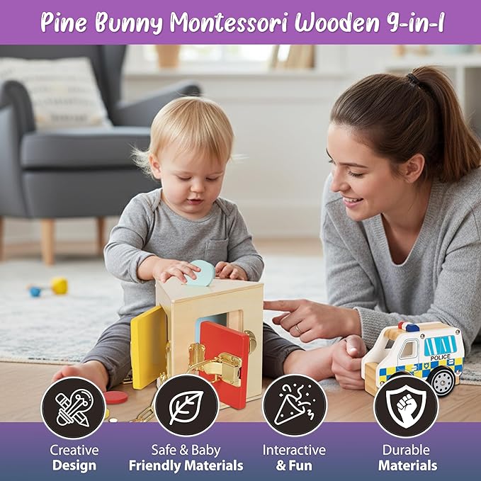 Pine Bunny Montessori Wooden 10-in-1 Toy Set for 19+ Months, Police Car, Triangular Lockbox, Cutting Fruits, Farm Cube Puzzle, Bear Xylophone, Educational Learning Problem Solving Music Toddler Toys
