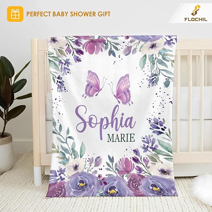 FLOCHIL Personalized Baby Blankets, Custom Baby Blanket - Baby Blanket with Name for Girls, Best Gift for Baby, Newborn Floral Plush Fleece (30x40)