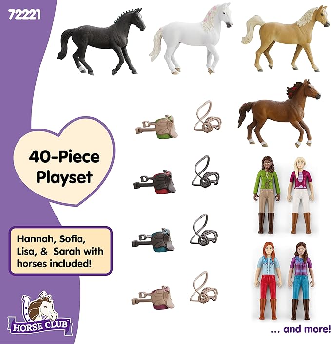 Schleich Horse Club - Complete 40PC Horse Club Rider Playset - Hannah, Sofia, Lisa and Sarah Poseable Rider Figures with Horses and Riding Accessories - Equestrian Toy Set for Kids Ages 5+ | 72221