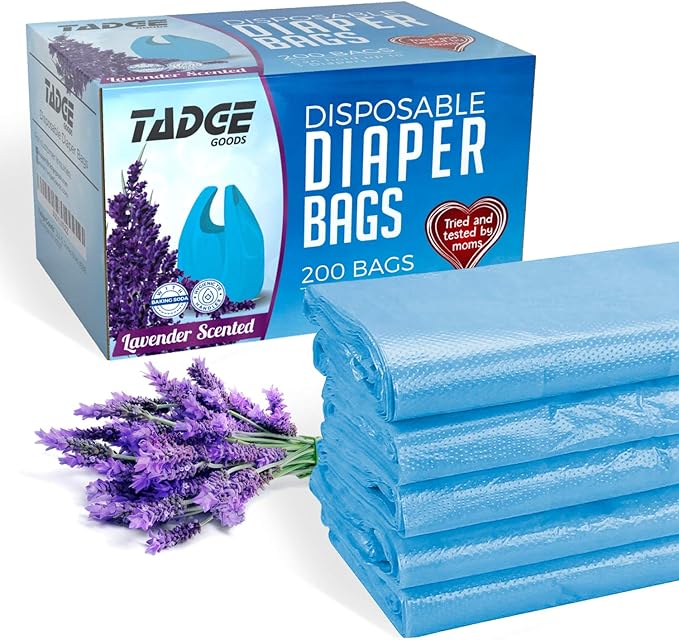 Baby Disposable Diaper Bags Scented with Lavender - Odor Absorber Biodegradable Plastic Diaper Sacks for Trash Bag Essential Items - Bags for Dirty Diapers - Refill 200 Count (Blue)