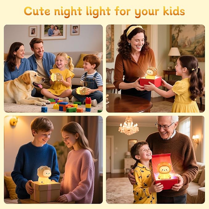Cute Lion Night Light for Kids, Rechargeable Nursery Lamp with Timer, 3 Brightness Levels & Warm Light, Soft Silicone Baby Night Light, Tap Control, Gift for Toddlers