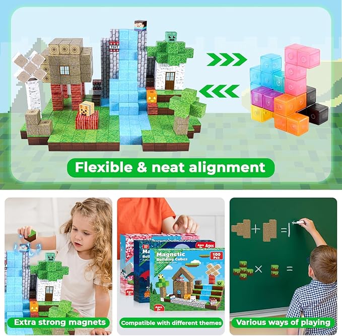 Magnetic Blocks-100PCS Magnetic Building Blocks, Magnetic Tiles Kids Build Cubes 2025 Upgraded STEM Game Toys, Christmas Birthday Gifts for Boys & Girls Ages 3+