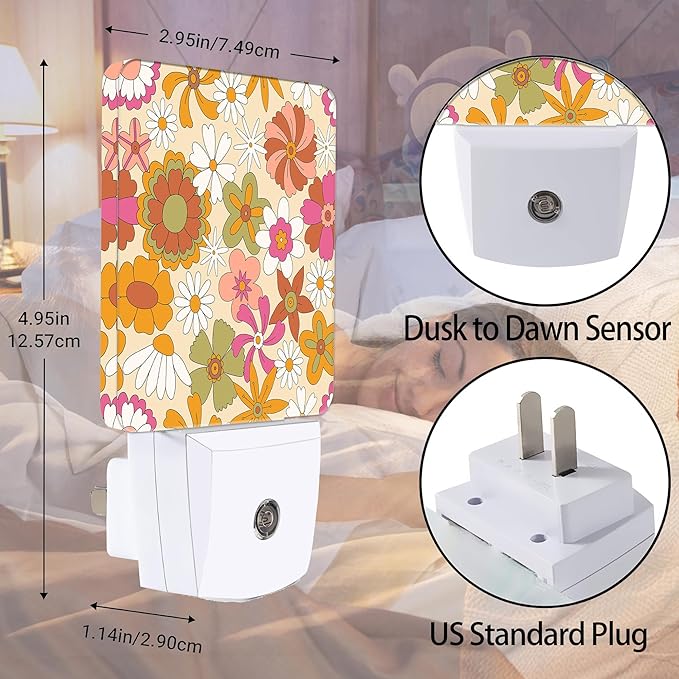 Vintage Boho Floral Night Light Plug in Wall Lamp Smart Dusk to Dawn Sensor for Home Decorative, Kids Room Bedroom Bathroom Kitchen Hallway Gifts