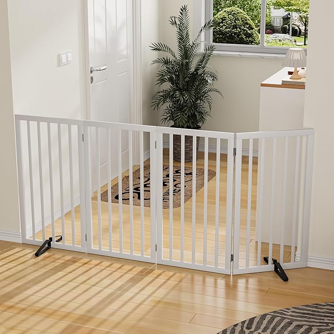 Dog Gate 32" Tall Freestanding Dog Gate for Doorways Foldable Pet Gate for Dogs Indoor (White,4 Panel)