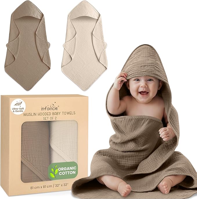 Organic Cotton Muslin Baby Hooded Towels - 32x32 Inch, 2 Pack Newborn Bath Towels for Boys & Girls, Soft & Absorbent Bath Set (Olive/Ivory)