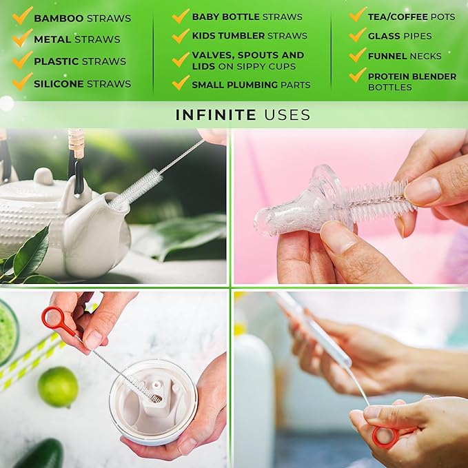 Heavy Duty Cleaning Brushes Set of 4 - Extra Long Straw Cleaners for Metal and Plastic Reusable Drinking Straws, to Clean Small Spaces, Sippy Cups, Water Bottles - Sturdy Hard Brush Bristles