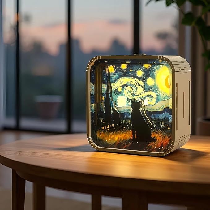 3D Wooden Puzzle Night Light,DIY Craft for Adults with Touch Night Light, Chrismas, New Year, for Teen, Desk Decor for DIY Puzzle Lovers, Men and Women (Van Gogh's Cat)