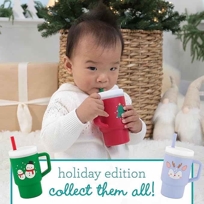 Infantino My 1st Tumbler, Silicone Sippy Cup with Straw & Handle, Spill-Resistant Baby Cup for On-the-Go, BPA-Free Transition Bottle, Christmas Tree
