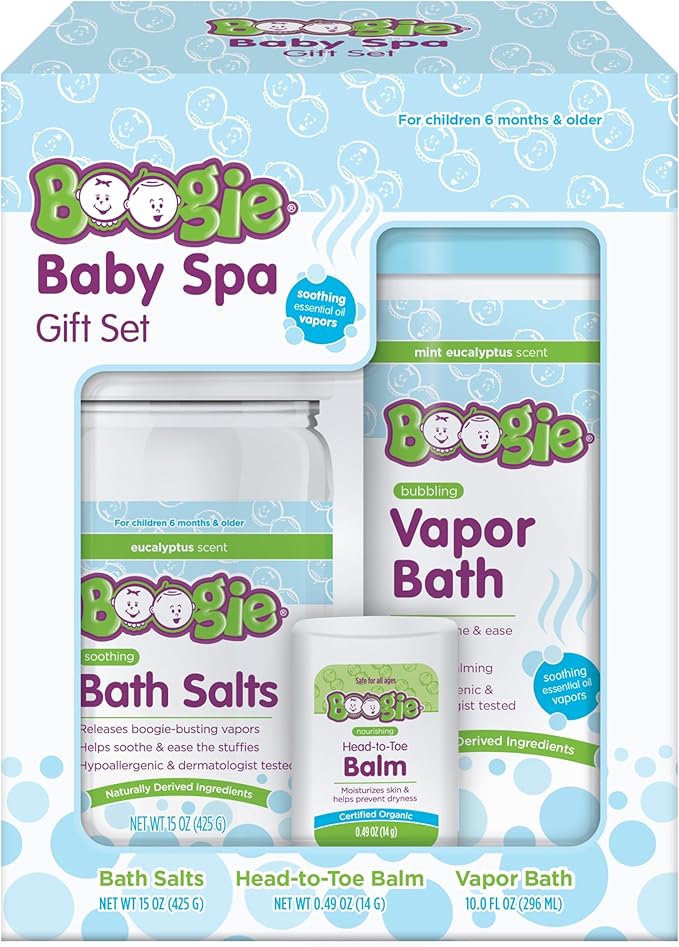 Boogie Spa Kit, Includes Boogie Kids Bath Salts, Eucalyptus, 15 oz (Pack of 1) Vapor Bath 10 Fl oz (Pack of 1) Chest Rub Stick 0.49 oz (Pack of 1)