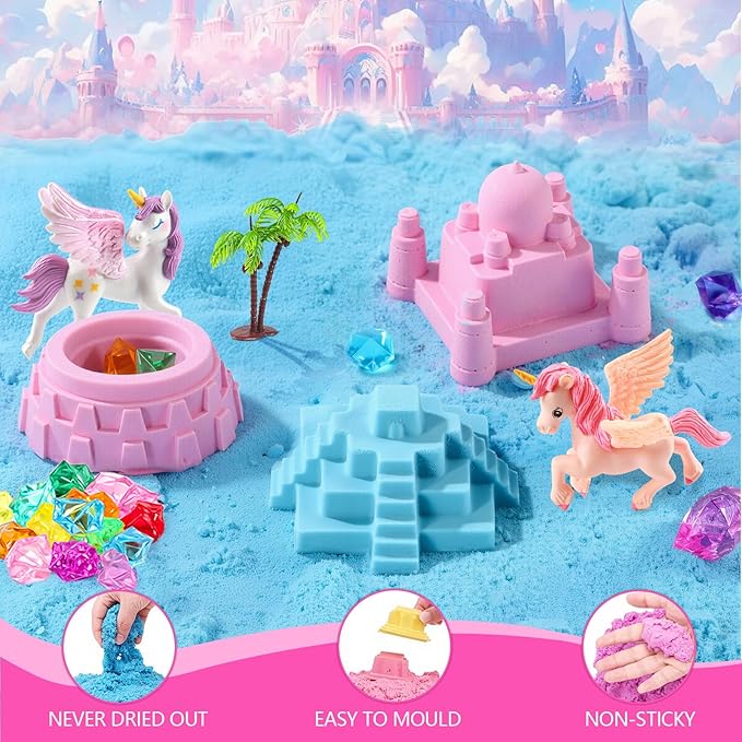 MYDOVA Unicorn Sensory Bin for Girls, Magic Sand Sensory Bin Art Kit for Boys and Girl with Sandbox, Castle Molds, 2.18lb 3 Color Sand, Unicorn Toy Kits Christmas Birthday Gift for Toddler Ages 3+