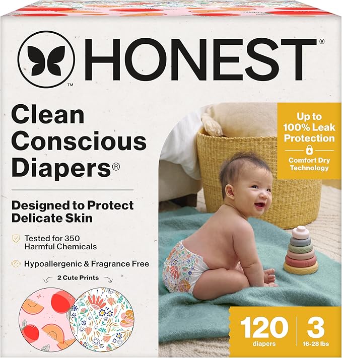 The Honest Company Clean Conscious Diapers for Sensitive Skin, Up to 100% Leakproof Hypoallergenic Fragrance-Free Baby Diapers, Girl Prints, Super Club Box, Size 3 (16–28 lbs), 120 Count (Prints Vary)