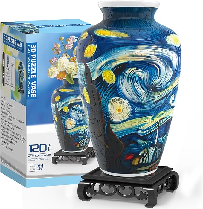 3D Puzzles Vase for Adults, Crafts for Adults, 120 Pieces Plastic DIY Unique Flower Vase with LED Light House Warming Gift Birthday Gifts for Flower Arrangements and Home Decor (Blue)